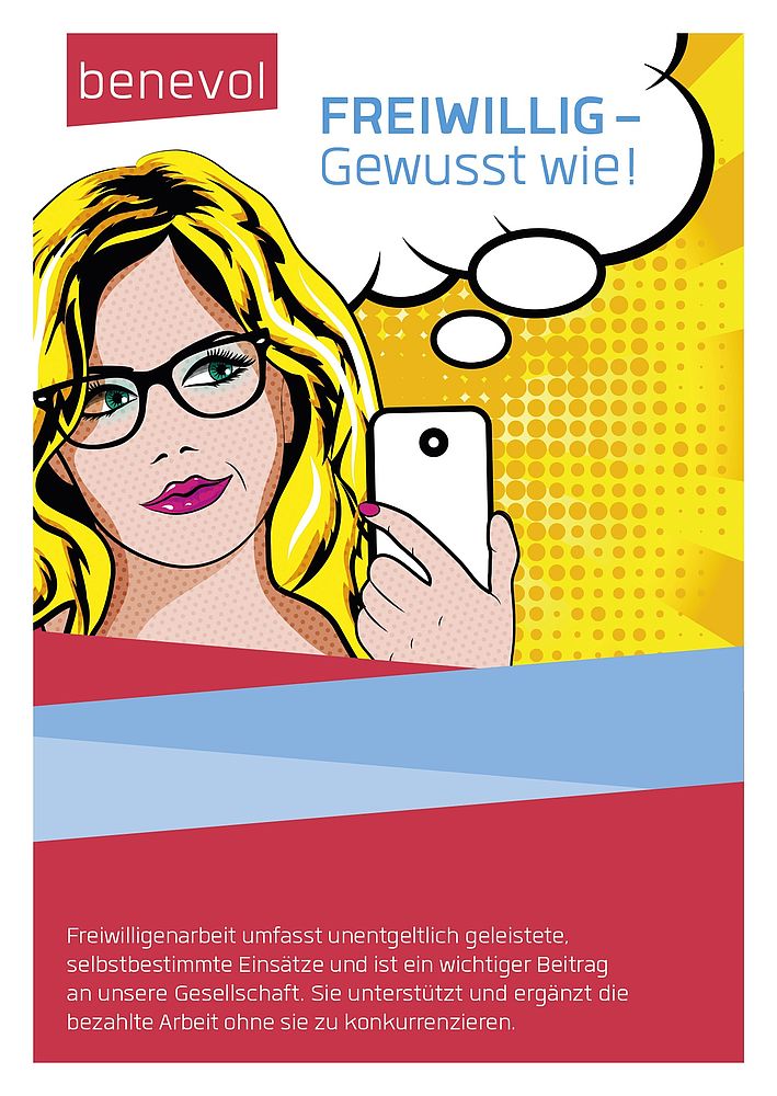 Titelblatt Flyer benevol Bern, pop art Bild, junge blonde Frau hält mobiles Fon in der Hand, Sprechblase: Freiwillig- gewusst wie!