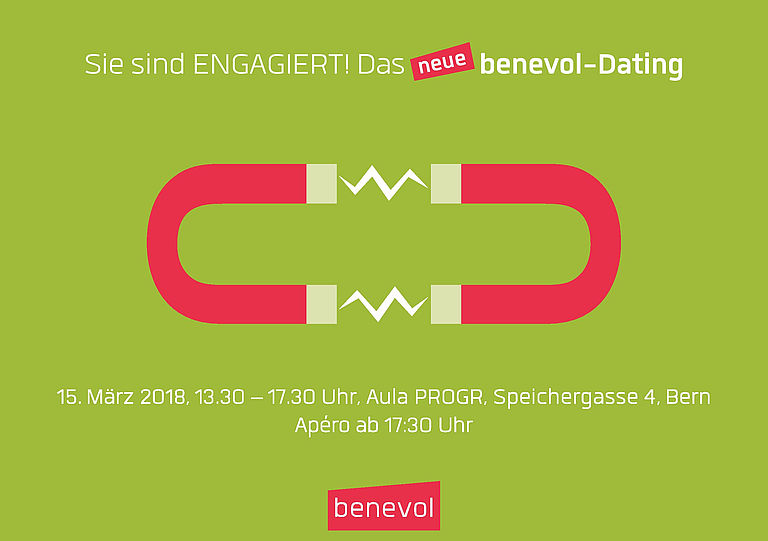 Flyer für benevol-Dating 2018, 15. März, Kulturzentrum PROGR Bern, Speichergasse 4, Apéro ab 17.30 Uhr